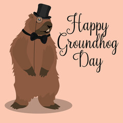 Vector design of Groundhog Day printing house for greeting cards and posters. The inscription of the greeting. A groundhog in a gentleman's suit. Vector illustration.