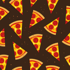 Vector seamless pattern with Pepperoni pizza slices. Detailed appetizing pieces are rotated in different directions. Isolated on a dark brown background.