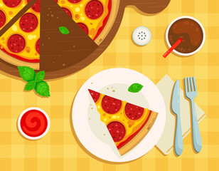 Vector illustration of a served table in a pizzeria. Top view. Sliced piece of pizza on a plate, Pepperoni pizza on a wooden board, drink, sauce, pepper, napkin, knife, fork. Isolated objects.