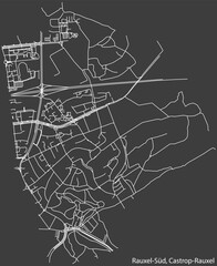 Detailed negative navigation white lines urban street roads map of the RAUXEL SÜD DISTRICT of the German town of CASTROP-RAUXEL, Germany on dark gray background