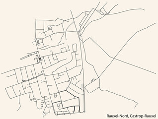 Detailed navigation black lines urban street roads map of the RAUXEL NORD DISTRICT of the German town of CASTROP-RAUXEL, Germany on vintage beige background