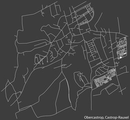 Detailed negative navigation white lines urban street roads map of the OBERCASTROP DISTRICT of the German town of CASTROP-RAUXEL, Germany on dark gray background