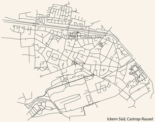 Fototapeta na wymiar Detailed navigation black lines urban street roads map of the ICKERN SÜD DISTRICT of the German town of CASTROP-RAUXEL, Germany on vintage beige background