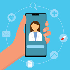 Illustration of a person using an app to connect with their doctor. Virtual medicine concept.