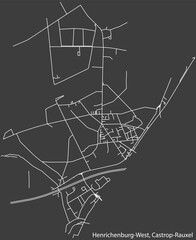 Detailed negative navigation white lines urban street roads map of the HENRICHENBURG WEST DISTRICT of the German town of CASTROP-RAUXEL, Germany on dark gray background