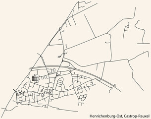 Detailed navigation black lines urban street roads map of the HENRICHENBURG OST DISTRICT of the German town of CASTROP-RAUXEL, Germany on vintage beige background