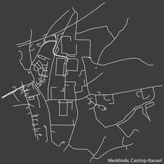 Detailed negative navigation white lines urban street roads map of the MERKLINDE DISTRICT of the German town of CASTROP-RAUXEL, Germany on dark gray background