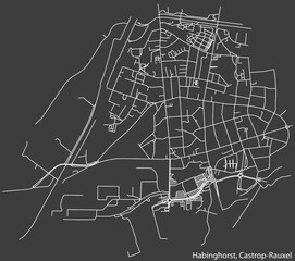 Detailed negative navigation white lines urban street roads map of the HABINGHORST DISTRICT of the German town of CASTROP-RAUXEL, Germany on dark gray background
