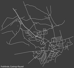 Detailed negative navigation white lines urban street roads map of the FROHLINDE DISTRICT of the German town of CASTROP-RAUXEL, Germany on dark gray background