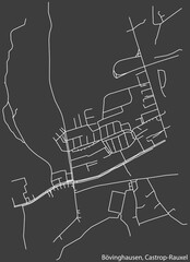 Detailed negative navigation white lines urban street roads map of the BÖVINGHAUSEN DISTRICT of the German town of CASTROP-RAUXEL, Germany on dark gray background