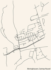 Detailed navigation black lines urban street roads map of the BÖVINGHAUSEN DISTRICT of the German town of CASTROP-RAUXEL, Germany on vintage beige background