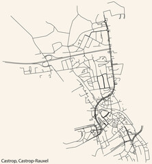 Detailed navigation black lines urban street roads map of the CASTROP DISTRICT of the German town of CASTROP-RAUXEL, Germany on vintage beige background