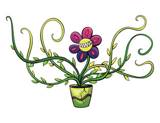 Carnivorous plant. Cartoon flytrap in pot. Flower predator. Angry flower with teeth. Monster plant icon. Vector illustration