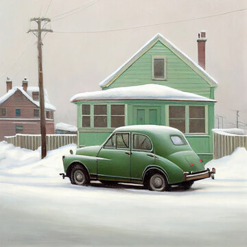 Green car and green house.The villa is in the snow.Concept Art Scenery. Book Illustration. Video Game Scene. Serious Digital Painting. CG Artwork Background. Generative AI
