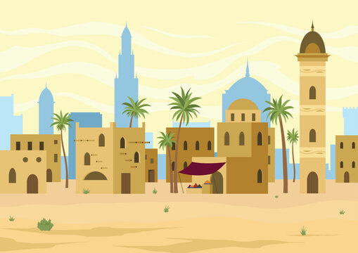 Middle east. Arabic desert landscape with traditional mud brick houses. Ancient building on background. Flat vector illustration