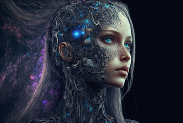 Artificial intelligence, a humanoid cyber girl with a neural network thinks Generative AI