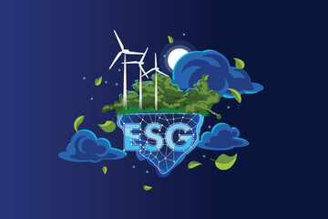 ESG concept. Environmental Social Governance illustration. Fantastic landscape with wind turbines and flying leaves.
