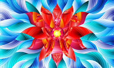 An illustration in the style of a stained glass window with an abstract bright flower on a blue wavy background
