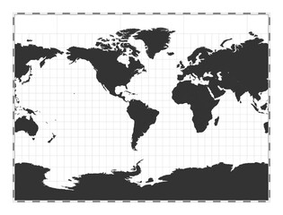 Vector world map. Miller cylindrical projection. Plain world geographical map with latitude and longitude lines. Centered to 60deg E longitude. Vector illustration.