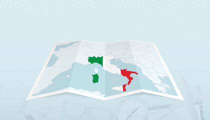 Map of Italy with the flag of Italy in the contour of the map on a trip abstract backdrop.