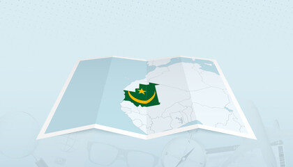 Map of Mauritania with the flag of Mauritania in the contour of the map on a trip abstract backdrop.