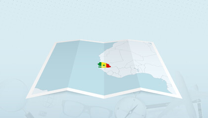 Map of Senegal with the flag of Senegal in the contour of the map on a trip abstract backdrop.