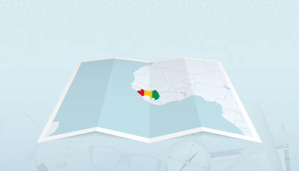 Map of Guinea with the flag of Guinea in the contour of the map on a trip abstract backdrop.