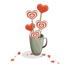 Vector image of a mug of lollipops with love overtones. Cartoon style. EPS 10