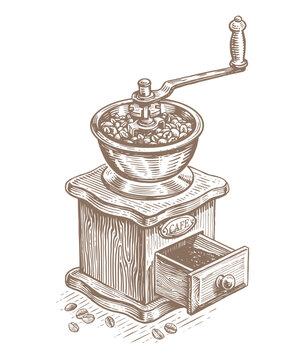 Old wooden coffee grinder with a handle for grinding coffee beans into powder. Design for cafe menu. Sketch vector