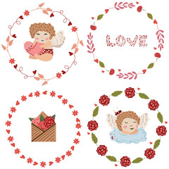 Beautiful compositions with flower wreaths and a cute cupid, a postcard with roses, I love the inscriptions. Bright illustrations for greeting cards, posters, banners. Vector.