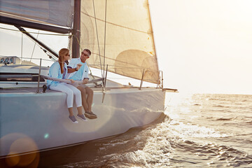 Relax, travel and luxury with couple on yacht for summer, love and sunset on Rome vacation trip....