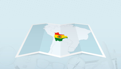 Map of Bolivia with the flag of Bolivia in the contour of the map on a trip abstract backdrop.