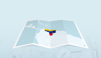 Map of Venezuela with the flag of Venezuela in the contour of the map on a trip abstract backdrop.