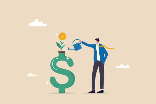 Money Growth, Growing Investment Profit Or Retirement Pension Fund, Increase Wealth And Earning, Income Or Revenue Concept, Businessman Watering Growing Seedling With Dollar Money Coin Flower.