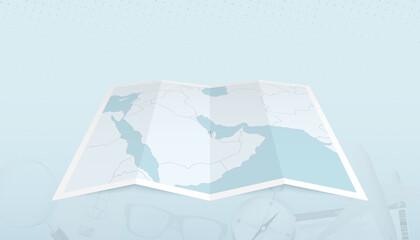 Map of Bahrain with the flag of Bahrain in the contour of the map on a trip abstract backdrop.