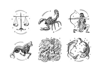 Zodiac constellation signs. Astrological symbols. Illustrations of horoscope. Magic female characters, Boho design. Hand drawn Engraved old monochrome sketch.