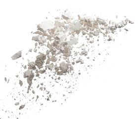 Tapioca starch explosion flying, White powder tapioca starch wave floating fall down in air. tapioca starch is element material. Eyeshadow crush for make up artist. White background Isolated