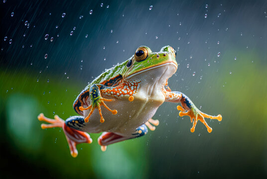 Frog Jumping Pose - Rain - Generative AI