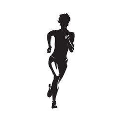 Run, running woman, isolated vector silhouette, ink drawing, front view