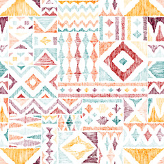 Seamless bohemian pattern. Geometric vintage ornament. Patchwork print for home decor, pillows, blankets, carpets. Vector illustration.