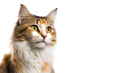 Obraz premium Random cat portrait on a white background, Generative AI. Cat portrait as design element for domastic animals care or pure breed cats background and cards.