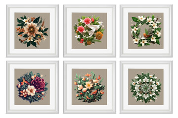 Set of vintage flowers illustration isolated. Quilling Wall Decor Square Picture Frames.