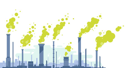 Industrial pipes with green toxic smoke in flat style isolated, silhouette of industrial zone with factories and pipes with harmful emissions of contaminated air, environmental pollution © Oceloti