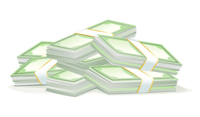 Big bundles of money isolated illustration, cash money stacks concept of wealth, scattered stacked pile of cash, stacked pile of hundred us dollar cash