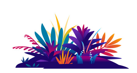 Obraz premium Different exotic violet plants on ground with grass and flowers isolated, decoration of tropical plants assorted together, great bush of fantastic plants