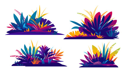Fototapeta na wymiar Set of four decorative compositions of fantastic jungle plants in different colors on ground, composition of plants on the sunny lawn in saturated colors, isolated