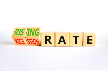 Recession or rising rate symbol. Concept word Recession rate Rising rate on wooden cubes. Beautiful white table white background. Business recession or rising rate concept. Copy space.