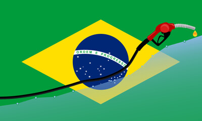 Fototapeta premium Rise in gasoline prices concept in Brazil. Gasoline fuel pump nozzle with drop oil on Brazil flag background. Growth bar chart prices. vector illustration