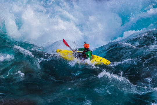 Kayaker descending the Futaleufu River, a class 5 river in Patagonia