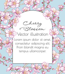 Fototapeta na wymiar Vector illustration banner template with cherry blossom branches in engraving style